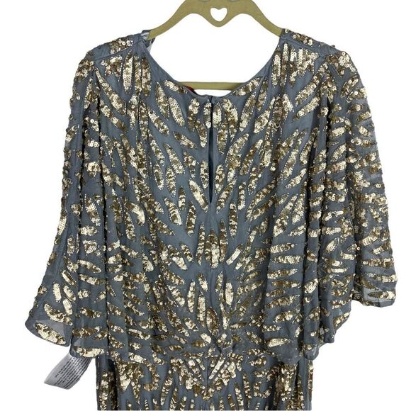 Mac Duggal Dress 20W Gold Blue Embellished Cape Sleeve Cocktail Metallic Sequin - Picture 7 of 11
